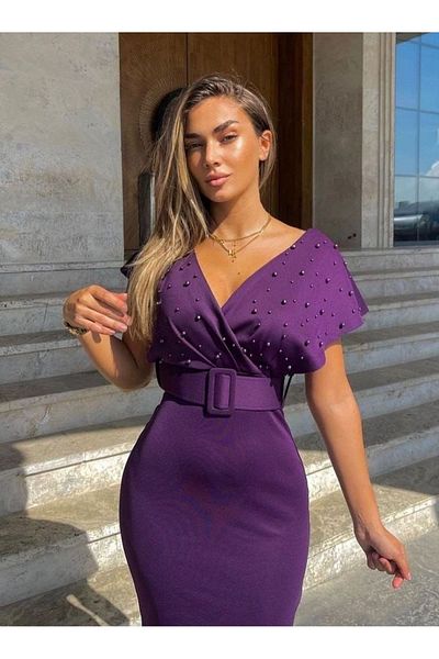 WoolnClyde Women's Purple Double Breasted Neckline Pearl Detailed Plus Size Bat Sleeve Fabric Belted Midi Evening Dress