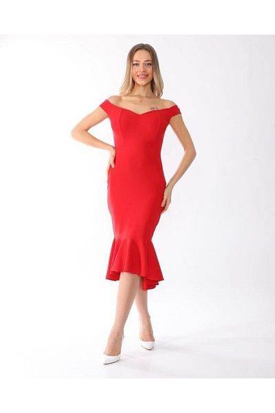 WoolnClyde Women's Red Boat Neck Flounce Midi Dress Evening Dress