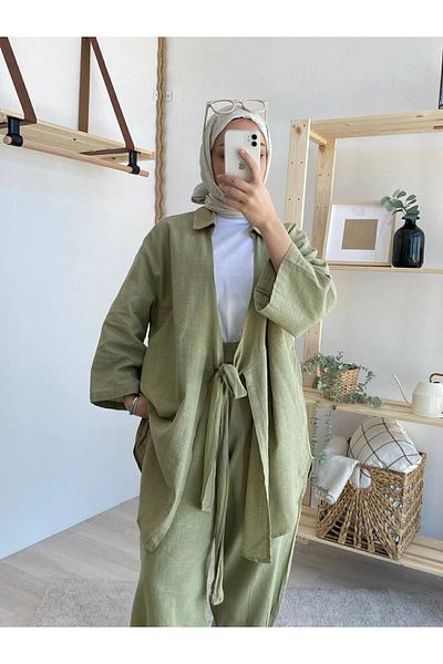 votre bonn couture Khakifarbenes Kimonohemd aus Leinen für Damen