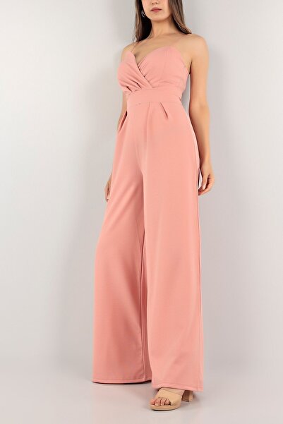 WoolnClyde Women's Powder Double Breasted Collar Drawstring Detailed Pipe Leg Thin Strap Evening Dress Jumpsuit