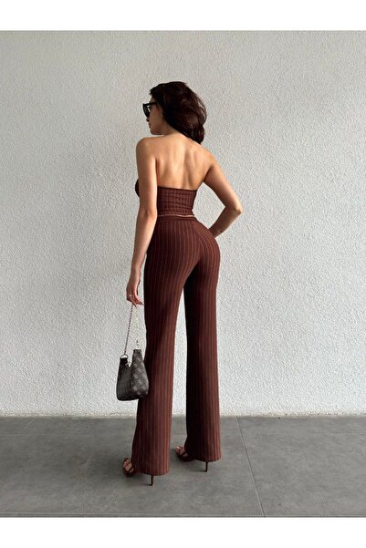 WoolnClyde Women's Coffee Line Pattern Crop Strapless Bustier Lycra Wide Leg High Waist Pants Bottom Top 2-Piece Set