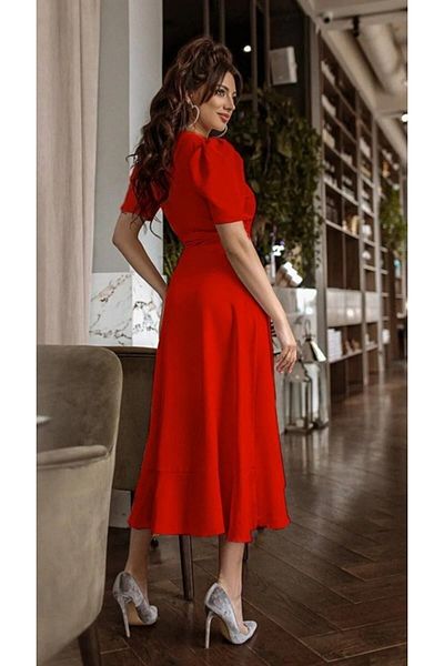 WoolnClyde Women's Red Double Breasted Collar Flounced Waist Belted Short Sleeve Midi Evening Dress