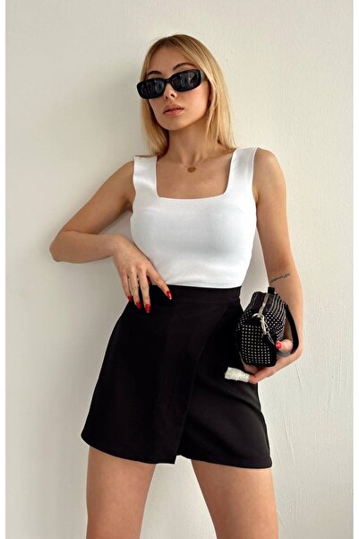 WoolnClyde Kadın Siyah Yüksek Bel Lastikli Likralı Mini Kruvaze Kapaklı Şort ...