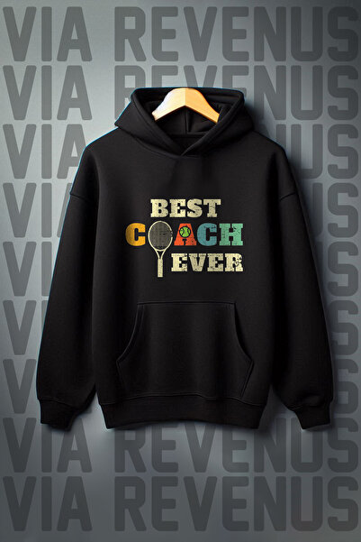Vordevia Best Coach Ever - Φούτερ με στάμπα τένις, μαύρη κουκούλα με τσέπη κα...