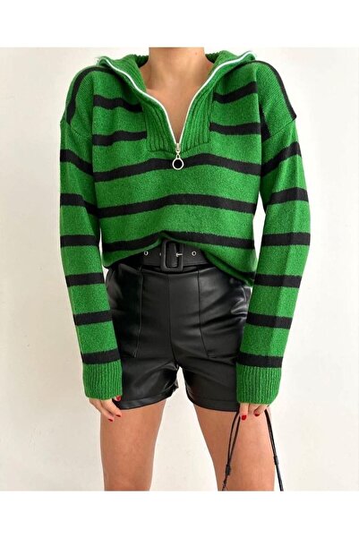 WoolnClyde Pulover de damă, verde, negru, cu fermoar, cu guler, cu mânecă lun...