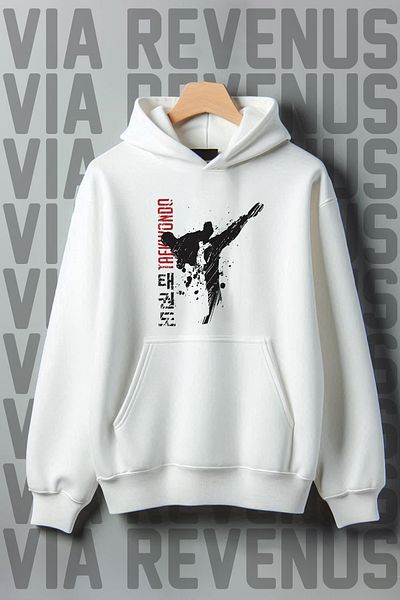 Vordevia Taekwondo Printed - Ribbed Wide Fit Hooded Sweatshirt, Kangaroo Pocket, 3 Thread