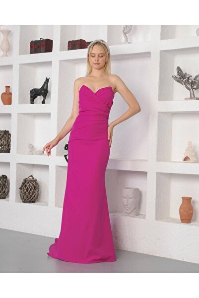 WoolnClyde Γυναικείο βραδινό φόρεμα ψαριού με διπλό στήθος φούξια με ντραπέ στράπλες