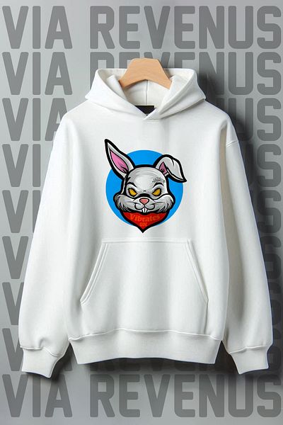 Vordevia White Hooded Rabbit Printed Wide Fit Sweatshirt - 3 Thread Raster Kangaroo Pocket