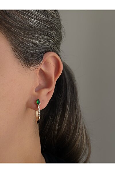 Owentis Çelik Rose Gold Yeşil Damla Taşlı Lauretta Küpe -kararma Yapmaz-