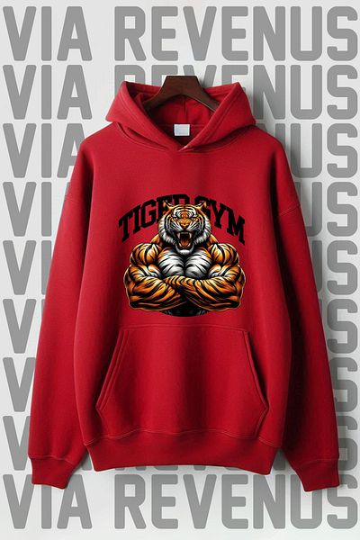 Vordevia Tiger Gym Printed - Ribbed Wide Fit Hooded Sweatshirt, Kangaroo Pocket, 3 Thread