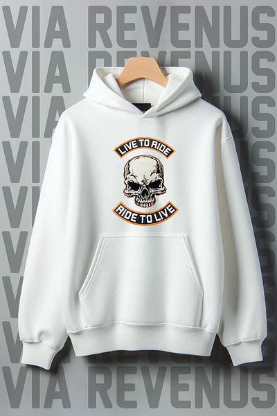 Vordevia Live to Ride - Biker Printed, Kangaroo Pocket Pattern, 3 Thread Raster, Wide Fit Hooded Sweatshirt