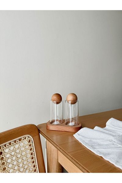 SALPHOME 2-Piece Glass Salt and Pepper Shakers Set - With Wooden Stand and Wooden Ball Cover