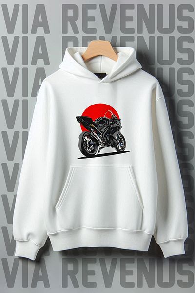 Vordevia Motorcycle Patterned - 3 Thread Kangaroo Pocket, Wide Fit Hooded Sweatshirt