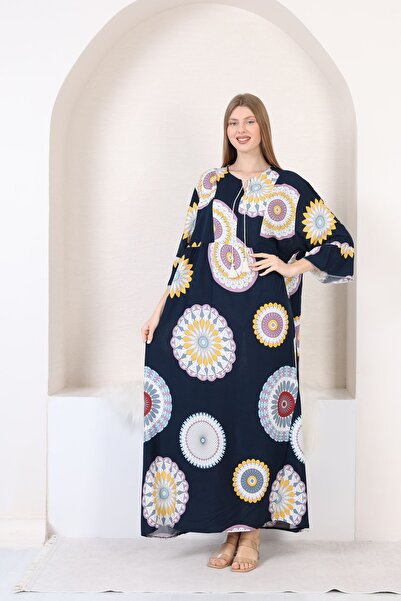 mervemoda Women's large size three quarter sleeve long woven dress