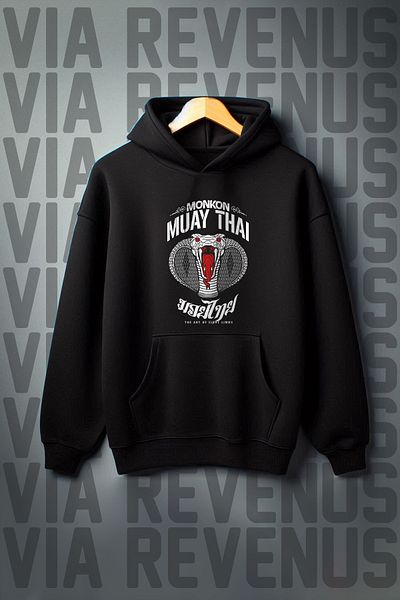 Vordevia Muay Thai Printed - Kangaroo Pocket Black Hooded Sweatshirt 3 Thread Wide Fit