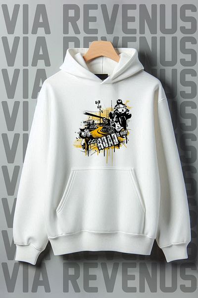 Vordevia White Hooded Biker Printed Wide Fit Sweatshirt - 3 Thread Raster