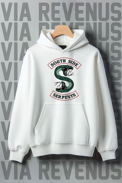 Vordevia White Hooded, Snake Printed Wide Fit Sweatshirt - Kangaroo Pocket, 3 Thread Raster