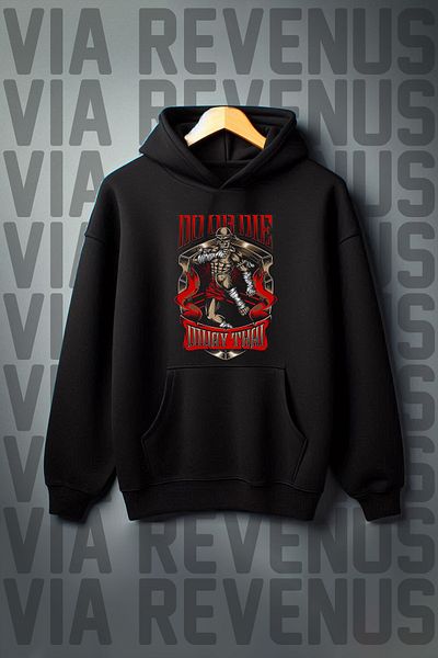 Vordevia Muay Thai Printed - Kangaroo Pocket Black Hooded Sweatshirt 3 Thread Wide Fit