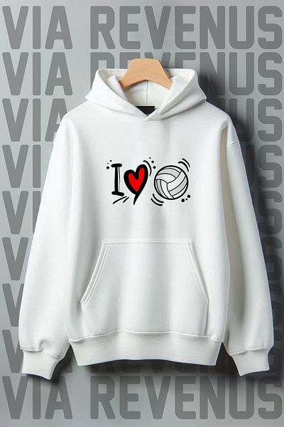 Vordevia I Love Volleyball Printed - 3 Thread Kangaroo Pocket, Wide Fit Hooded Sweatshirt