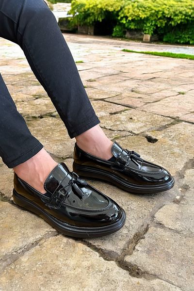 RASGO Black Patent Leather men's moccasin - Shiny Tassel, Thick Sole and Stylish Design