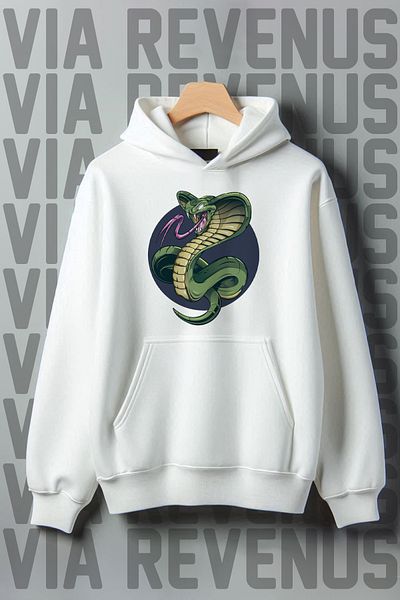 Vordevia White Hooded, Snake Printed Wide Fit Sweatshirt - Kangaroo Pocket, 3 Thread Raster