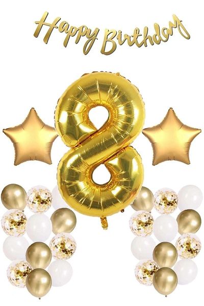 DÜVENCİ TİCARET Gold Concept Age Birthday Set; White Gold Confetti Balloon, Number Star Foil