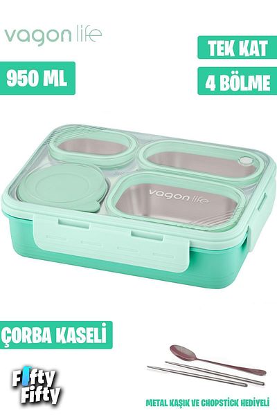 Vagonlife 950 ML Stainless Steel Lunch Box - Single Layer, Four Compartment Soup, Metal Spoon - FFLBOX709