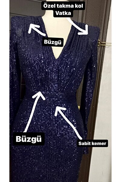 Sultan Ekşioğlu Tasarımı Vatkalı Büzgülü Payetli Abiye Elbise