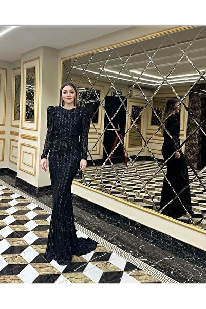 Sultan Ekşioğlu Tasarımı Blacksea Vatkalı Kemerli Balık Kuyruklu Abiye Elbise