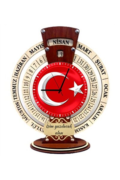Serem Hediyelik Ay Yıldız Şanlı Türk Bayrağı Saati Ahşap Sonsuz Takvimli Maya...
