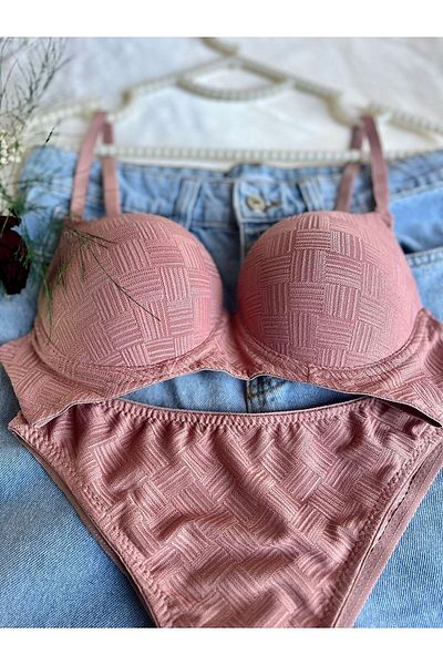 Nashera Knitted Patterned Supported Underwire Bra Lingerie Set