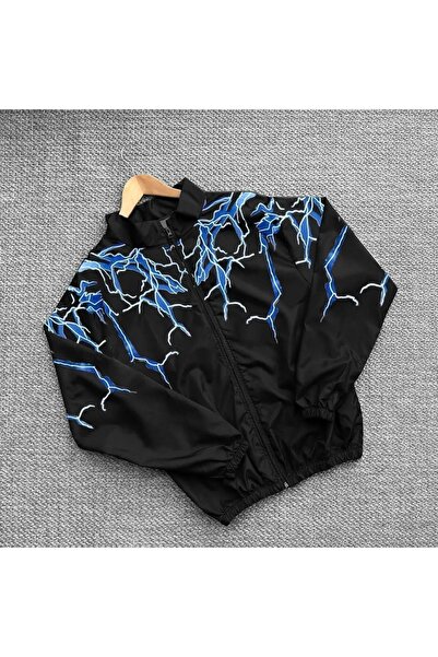 Lushen Unisex Şimşek Baskılı Paraşüt Kumaş Oversize Dijital Siyah Rüzgarlık Y...