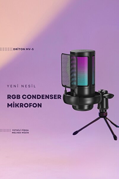 DRİTON Driton Youtuber Mikrofon Mv-5 Siyah Rgb Usb Oyuncu Yayıncı Ve Podcast Için Uyumlu Condenser Mikrofon