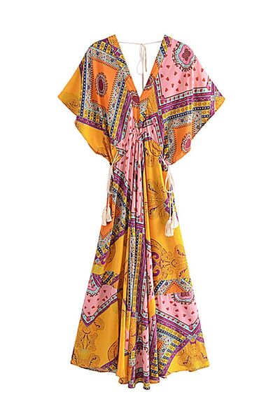 FASHION COCKTAIL Kelebek Kesim Çift Püsküllü Büzgülü Otantik Şal Desenli Keten Bohem Uzun Elbise