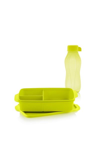 Tupperware Eco Bottle Water Bottle 310ml Lemon & Compartmented Lunch Box 1L Green Set