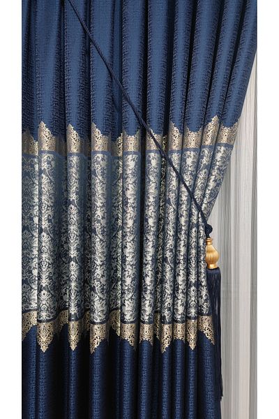 GLOMAR Navy Blue Gold Detailed 1/3 Jacquard Panel Background Curtain - Single Wing