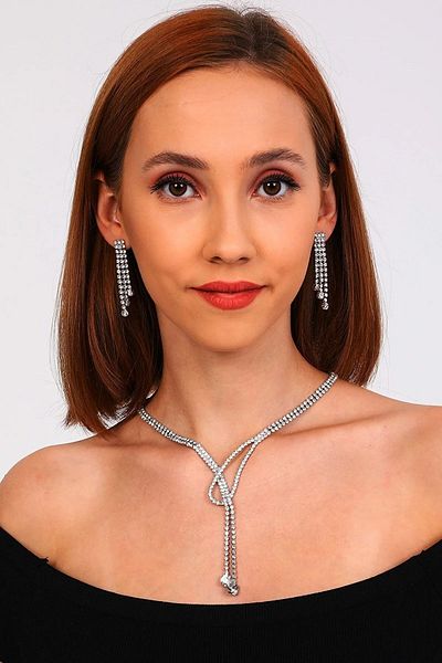 Furtek Aksesuar Women's Tia Model Stone Silver Diamond Water Path Necklace Earrings Evening Dress Wedding Engagement Henna Promise Bridal Jewelry Set