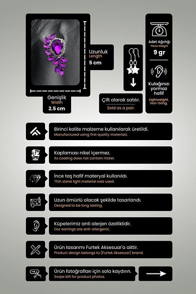 Furtek Aksesuar Women's Purple Angel Wing Model Zircon Stone Diamond Evening Dress Wedding Engagement Promise Party Prom Earrings