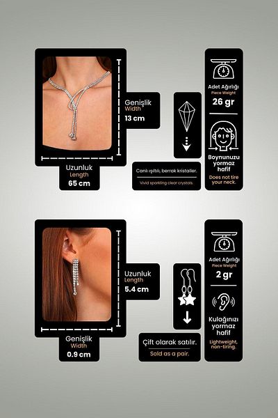 Furtek Aksesuar Women's Tia Model Stone Silver Diamond Water Path Necklace Earrings Evening Dress Wedding Engagement Henna Promise Bridal Jewelry Set