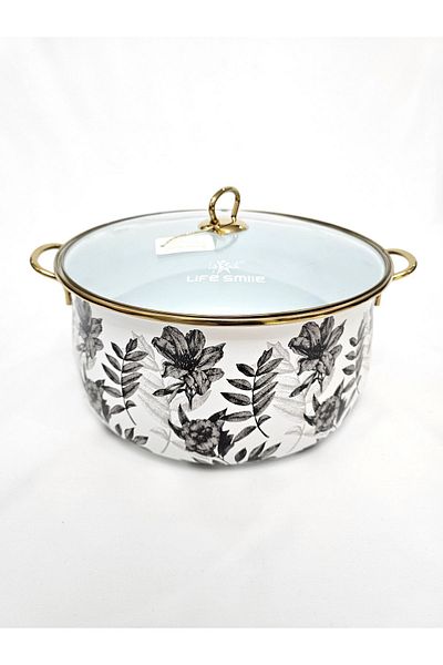 Lifesmile Enamel Pot Black Floral Pattern (30cm)