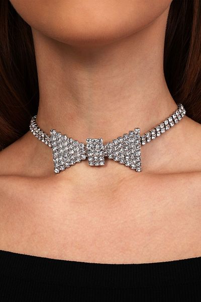Furtek Aksesuar Women's Bow Tie Model Zircon Stone Silver Diamond Evening Dress Choker Collar Necklace Engagement Wedding Promise Choker