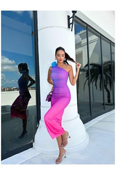 S&A Collectionn Kadın Çiçekli Güllü Tek Omuz Dizaltı Degrade Renk Midiboy Tül Elbise