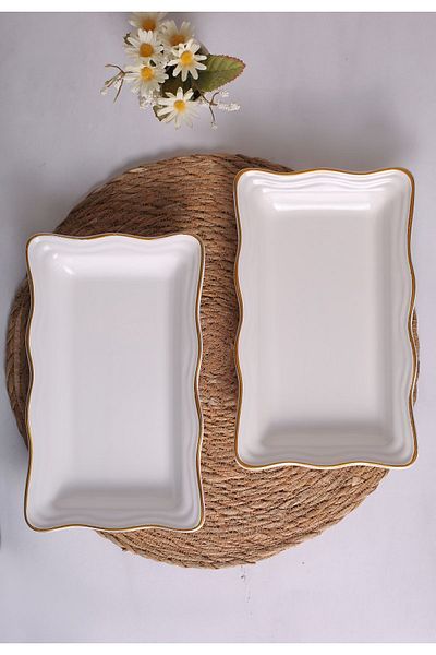 FBE HOME White Color Gilded Serenat Serving - Presentation Plate 2 Pieces