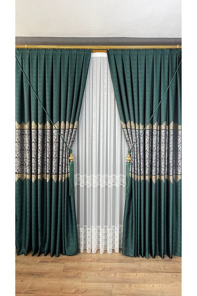 GLOMAR Emerald Green Damaks Patterned - 1/3 Close Pleat Jacquard Single Wing Panel Background Curtain