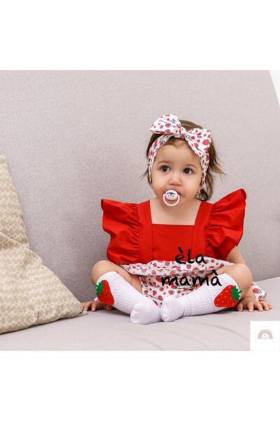 ELA MAMA Èla Mamà Kız Çocuk Çilek Desenli Salopet Bandana Çilek Çorap 3'lü Set