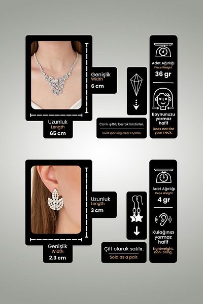 Furtek Aksesuar Women's Reina Model Crystal Zircon Stone Silver Waterway Necklace Earring Set Wedding Promise Henna Bridal Jewelry Set