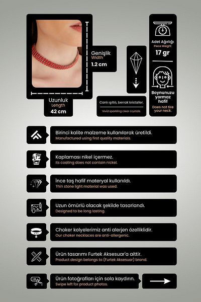 Furtek Aksesuar Women's Red Pastel Crystal Zircon Stone 4 Row Model Collar Silver Choker Evening Dress Necklace Prom Choker