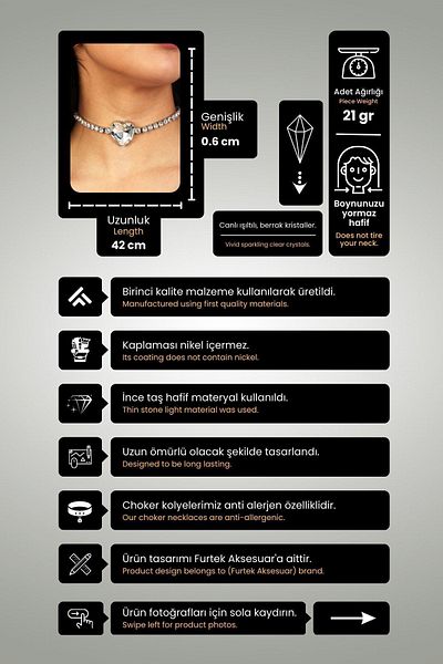 Furtek Aksesuar Women's Heart Model Zircon Stone Silver Diamond Wedding Engagement Bridal Evening Dress Leash Choker Necklace Choker