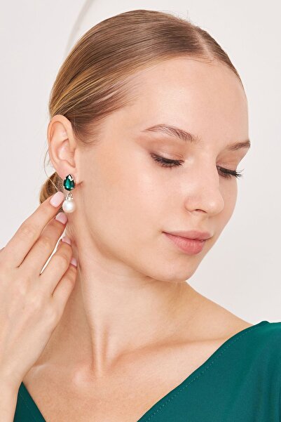 Furtek Aksesuar Kadın Reloj Model Yeşil Kristal Zirkon Taşlı Işıltılı İncili Gümüş Kaplama Sallantılı Kombin Küpe