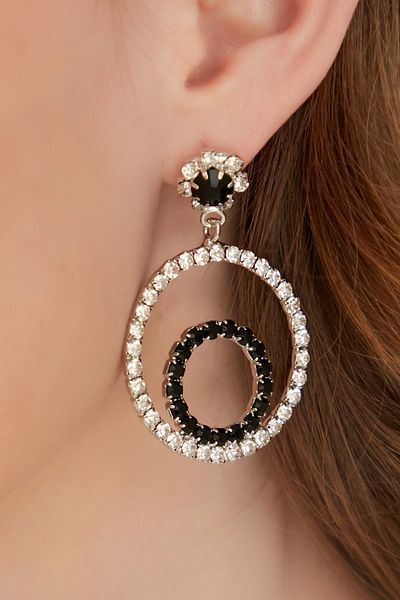 Furtek Aksesuar Women's Double Ring Pendant Model Zircon Stone Daily Earrings Silver Crystal Evening Dress Wedding Promise Henna Party